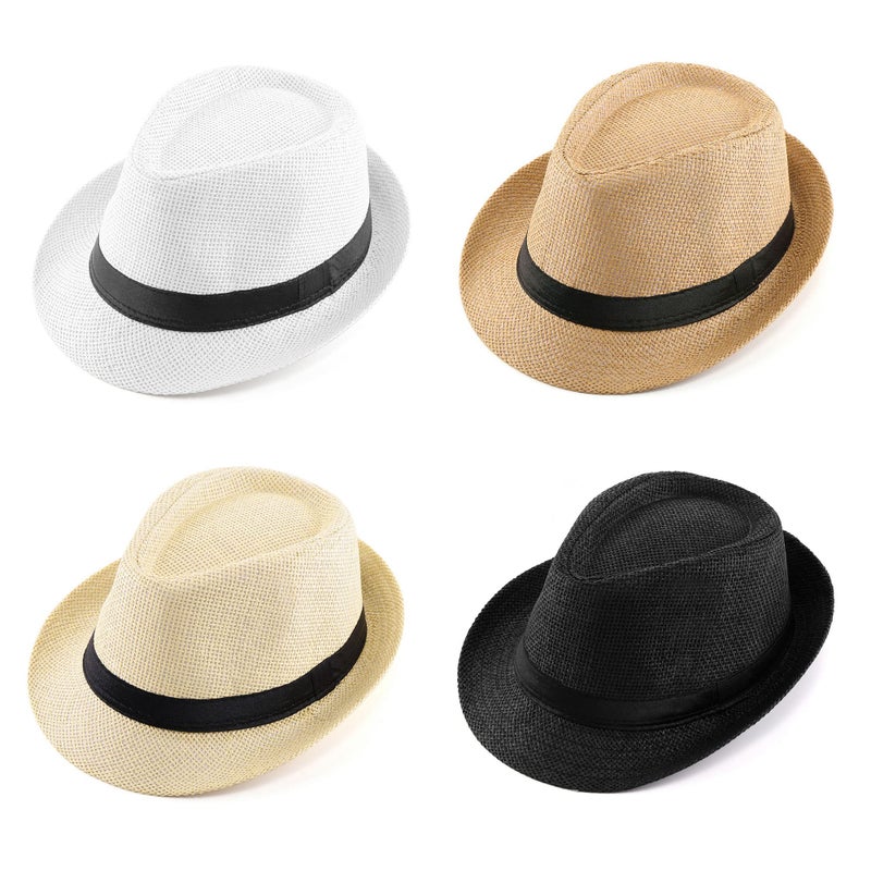 FALETO Unisex Summer Panama Straw Fedora Hat Short Brim Beach Sun Cap Classic (#011 Pack for 4 Colros) - Image 1